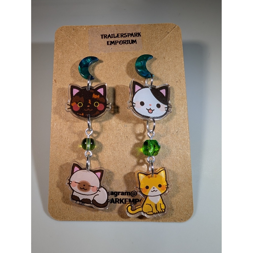 Trailerspark Emporium Mismatched Acrylic Cat Moon Drop Earrings Nickel Free New